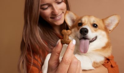 woman giving her dog delicious dog food shape bone empty beige background happy dogs concept