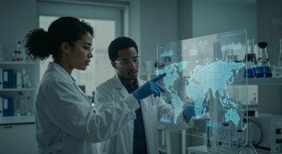 Two scientists in a modern laboratory collaborate while viewing a transparent, holographic screen that displays a world map and data charts. One scientist points to the North America section of the map.