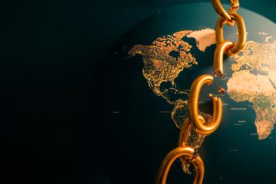 A golden chain with a broken link draped over a globe, symbolizing the broken access to MRL data and the risk to the global agricultural supply chain.