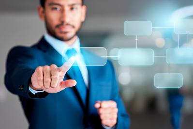 A business professional interacting with a floating digital flowchart, symbolizing the simple and clear 4-step process for obtaining an MRL report.