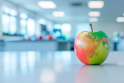 An apple with a world map printed on it, sitting on a table in a modern laboratory, symbolizing global food export and safety.