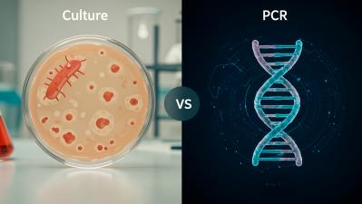 Comparison graphic of Legionella testing methods: a petri dish with bacterial colonies on the left for the Culture method versus a DNA double helix on the right for the PCR method.