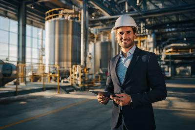 Industrial professional wearing a hard hat and holding a tablet inside a modern manufacturing facility, representing process oversight and quality management.
