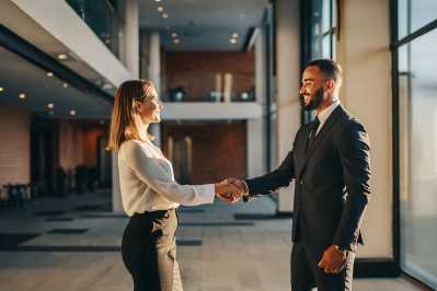 Two business professionals shaking hands in a modern corporate building, representing partnership, trust, and professional collaboration.
