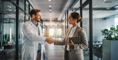 Laboratory professional and business partner shaking hands in a modern office-laboratory environment, representing collaboration, trust, and quality testing services.