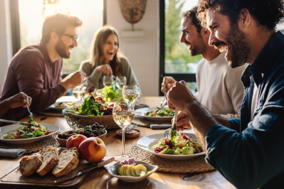 Group of people sharing a meal at a table with fresh food, representing food quality and safety.