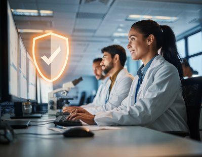 Three scientists performing laboratory analysis at computers and microscopes with a glowing shield icon representing accredited testing.