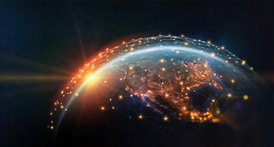 Globe floating in space with glowing orange connection lines and yellow nodes representing a global network of accredited laboratories.