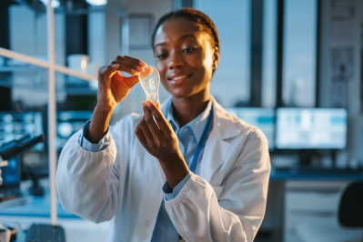 Laboratory scientist examining a transparent medical device component in a controlled lab environment.