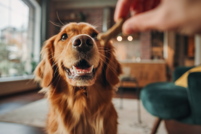 Dog receiving a treat indoors, representing pet nutrition and pet food safety.