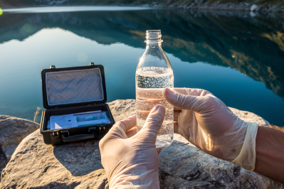 Gloved hands holding a clear water sample bottle outdoors next to a portable water testing kit and a lake.